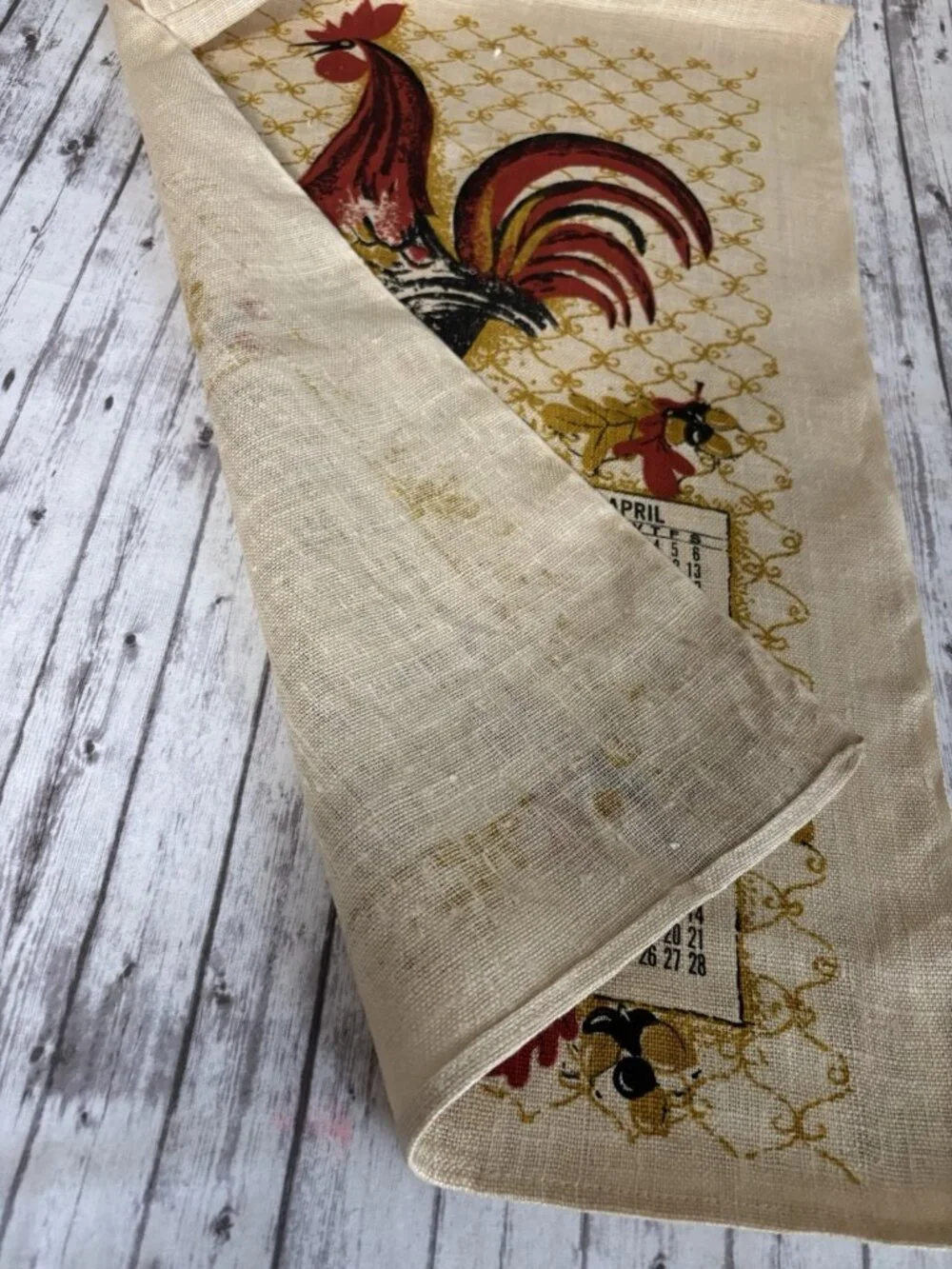 1968 Vintage MCM Linen Calendar Tea Towel Wall Hanging ROOSTER Chicken